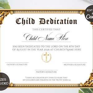 Certificado de dedicación de bebé editable, plantilla de certificado de dedicación de niño imprimible, certificado de bautismo, recuerdo de dedicación. TDS-10