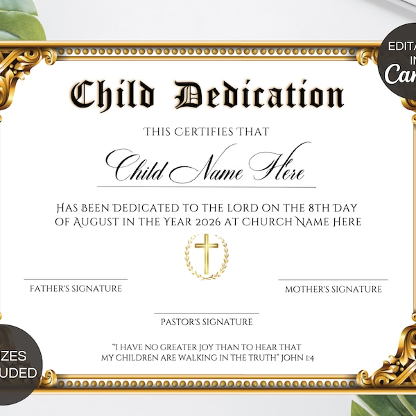 Editable Baby Dedication Certificate, Printable Child Dedication Certificate Template, Baptism Certificate, Dedication Keepsake. TDS-10