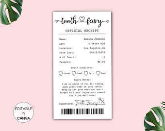 Editable Teeth Fairy Receipt Letter, Printable Kids First Tooth Lost Receipt, Canva Template