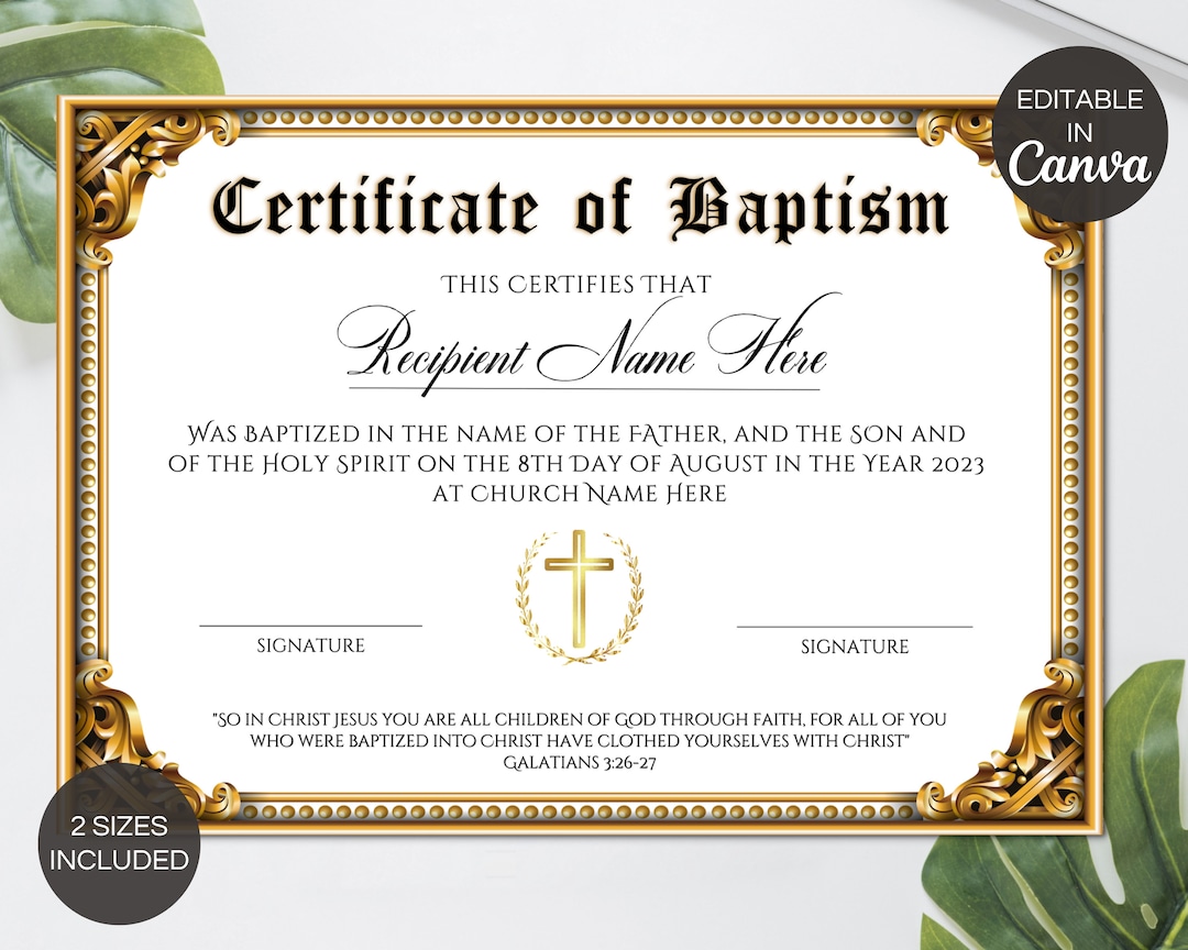 Editable Baptism Certificate Template, Printable Certificate of Baptism ...