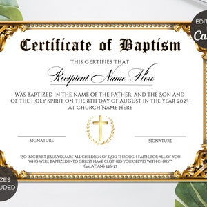 Plantilla de certificado de bautismo editable, certificado de bautismo imprimible, certificados de bautismo de bebé personalizados, plantilla de iglesia de Canva. TDS-10