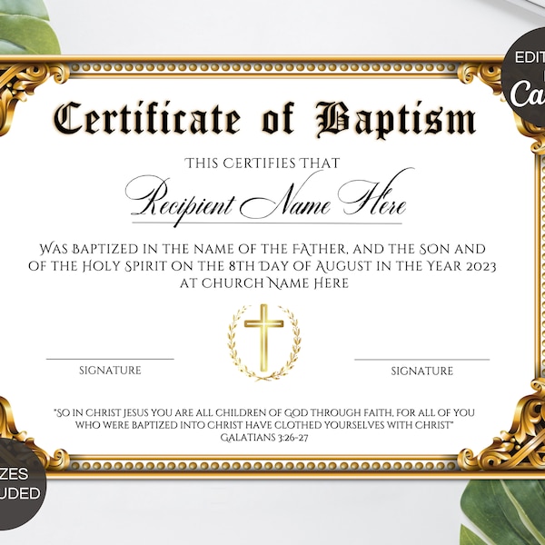 Modèle de certificat de baptême modifiable, certificat de baptême imprimable, certificats de baptême de bébé personnalisés, modèle d'église Canva. FT-10