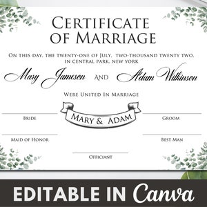 Heiratsurkunde Vorlage, grüne Hochzeitsurkunde, bearbeitbare Canva Hochzeitsurkunde, druckbare Hochzeitsandenken. TDS-10