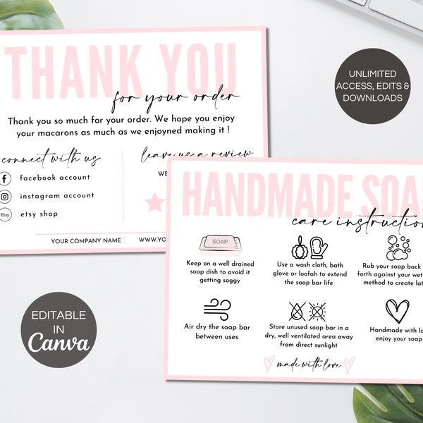 Handmade Soap Care Card Template, Editable Soap Care Cards, Printable Soap Packaging Thank You Cards, Soap Business Order Insert. TDS-05