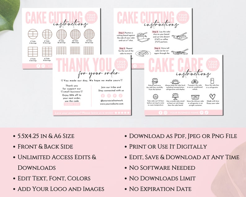 Cake Care Cards Bundle, Editable Cake Cutting Guide Cards, Printable Cake Business Thank You, Cake Business Packaging Canva Template. TDS-05 image 4