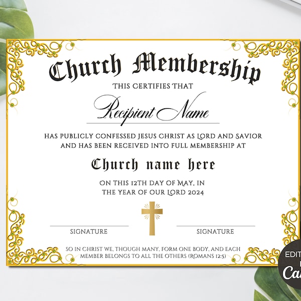 Editable Church Membership Certificate Template, Printable Certificate Of Membership, Church New Members Certificate Canva Template. TDS-10