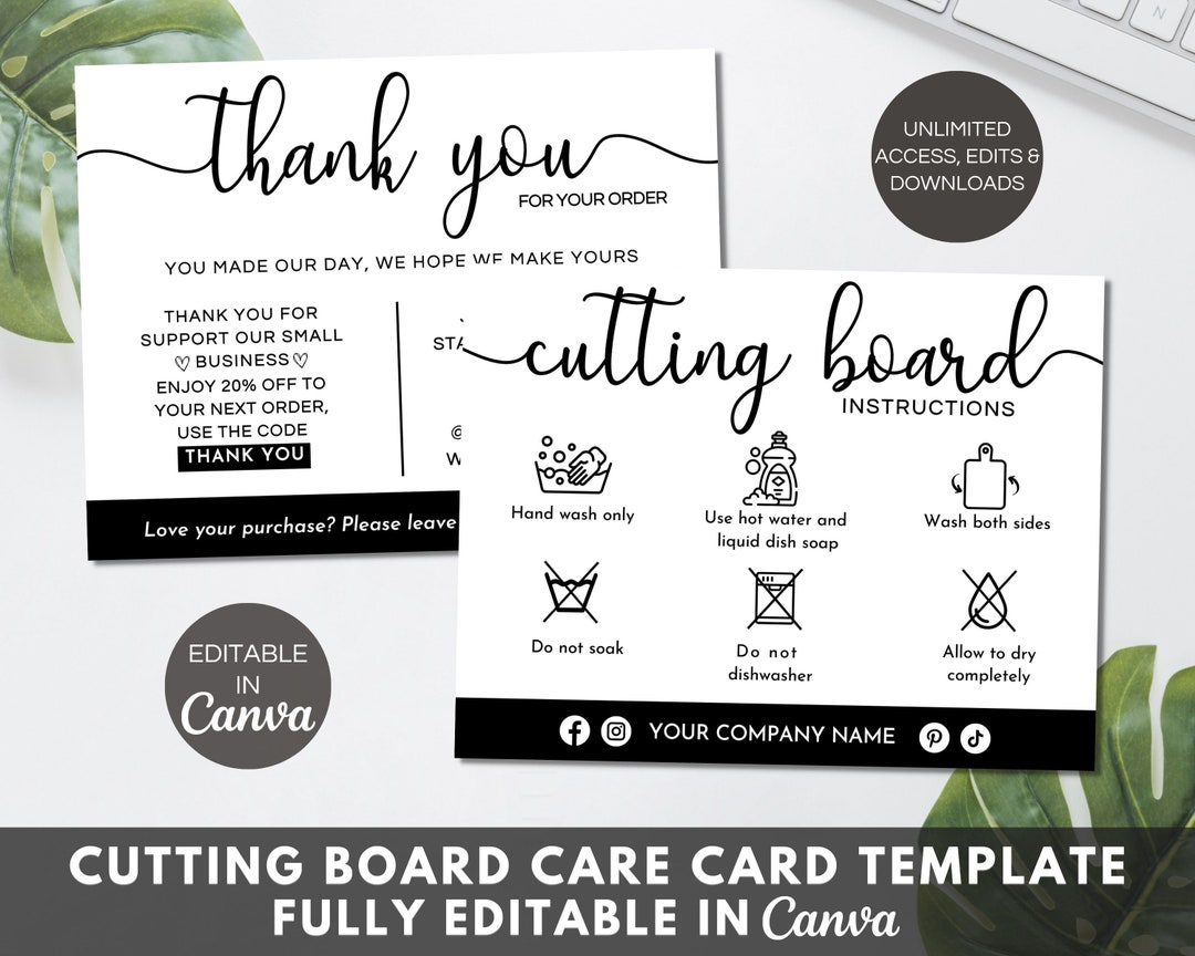 Cutting Board Care Card Template, Editable Cutting Board Care