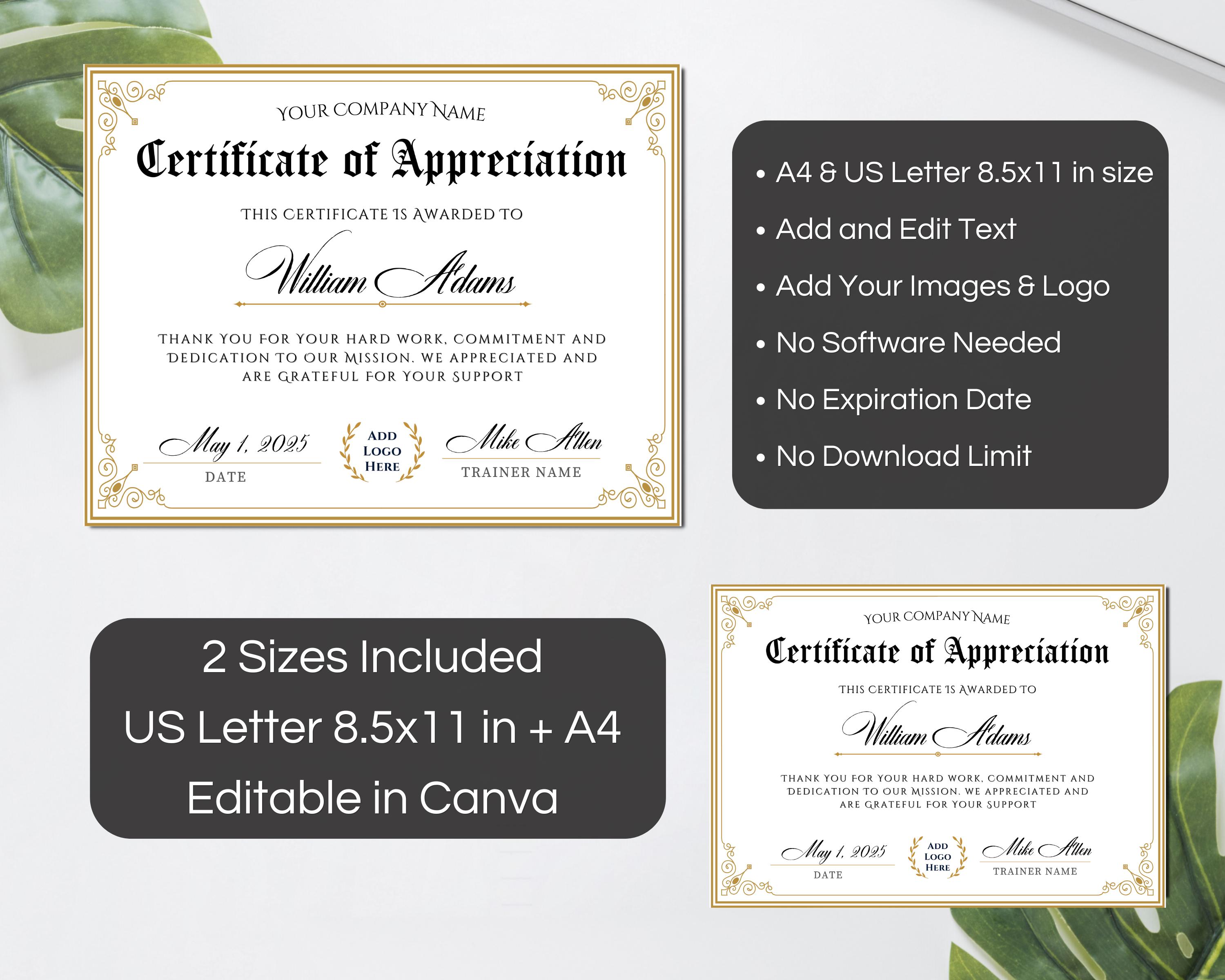 Editable Certificate of Appreciation, Printable Appreciation ...