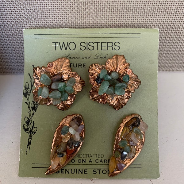 Vintage Two Sisters Copper Tone Metal with Genuine Stones Pierced Earrings - 2 pair