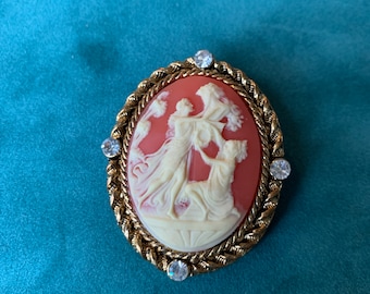 Vintage Cameo of Women with Goldtone and Rhinestone Frame Brooch