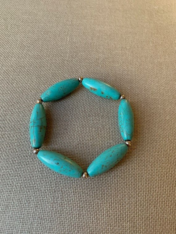 Vintage Faux Turquoise and Silver Bead Stretch Br… - image 1