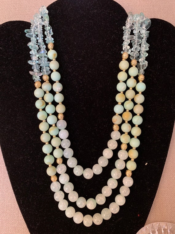 Vintage Talbots Teal/Willow Green 3 Strand Beaded… - image 1