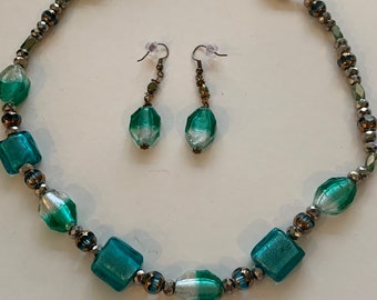 Vintage Teal and Blue Glass Necklace and Pierced Earrings