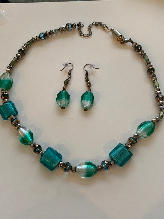 Vintage Teal and Blue Glass Necklace and Pierced E