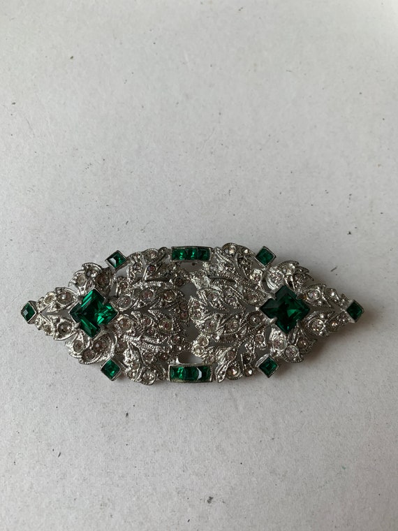 1930’s Art Deco Emerald Green Clear Pave Brooch or