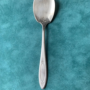 May include: A silver-toned metal serving spoon with an asymmetrical, pointed bowl edge. The handle features an elongated oval center panel surrounded by delicate, embossed floral and scrollwork detailing at the neck and base of the handle.