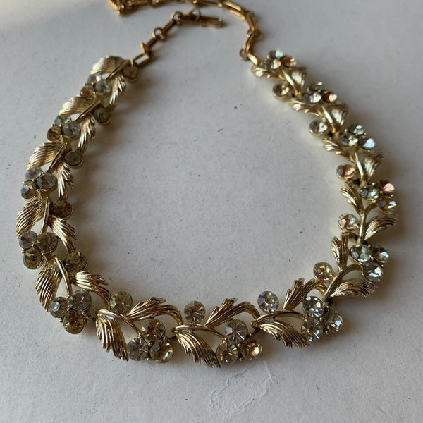 Vintage Lisner Goldtone Floral Rhinestone Choker Necklace