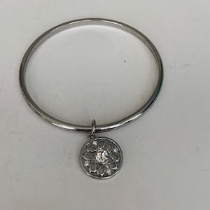 Vintage Silver Bangle Bracelet with Silver Filigree Charm with Rhinestones