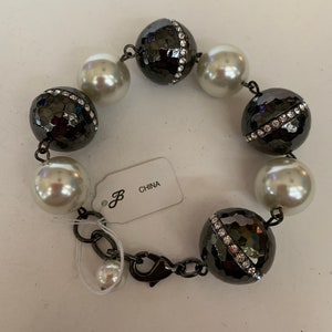 Vintage Black Bead and Faux Pearl Chain Bracelet