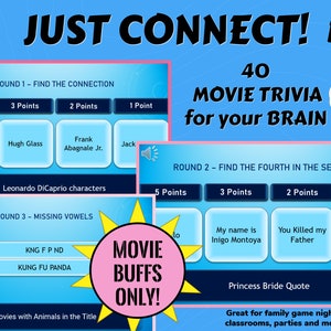 Könnte beinhalten: Ein blaues und rosa Spielbrett mit dem Text "JUST CONNECT!" und "40 MOVIE TRIVIA for your BRAIN". Das Spielbrett hat drei Runden: "Find the Connection", "Find the Fourth in the Sequence" und "Missing Vowels".