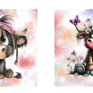 May include: Two digital illustrations of cartoon highland cows. The left cow is grey with a pink bow and braided hair. The right cow is brown with a pink nose, wearing a crown of white daisies and purple butterflies, surrounded by small flowers.