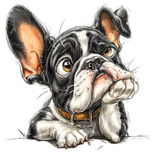 Può includere: Un'illustrazione in bianco e nero di un Bulldog Francese con grandi orecchie ed espressivi occhi marroni. Il cane indossa un collare in pelle color cuoio con una medaglietta in metallo e appoggia il mento su una zampa, guardando in alto con un'espressione pensierosa.
