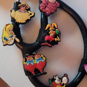 Wonderland set Stethoscope 6 piece set- Charm-Add some fun! to your Stethoscope,  Stethoscope charm tag Great Nurse gift! new snap closure