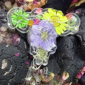 Retractable Nursing Badge Reel - pressed floral UTERUS with free flower Stethoscope charm OBGYN | Respiratory | Heart | Custom Badge Reel