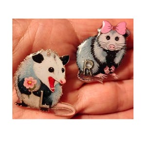 Pode incluir: Dois broches de esmalte em forma de gambás. O broche esquerdo mostra um gambá segurando uma flor rosa com a letra L. O broche direito mostra um gambá com um laço rosa e a letra R. Ambos possuem detalhes de pelagem branca, cinza e preta.