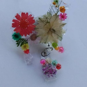 retractable Pomeranian badge reel with Real dried flowers & PAW   - Badge reel or car vent charm -Nurse- Pediatric-Doctor