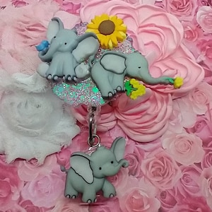 Sunflower Elephant cartoon Badge reel EMT & Vet Tech or Nurse charms, Badge reel holder, Medical, Veterinary, Vet Tech. stethoscope