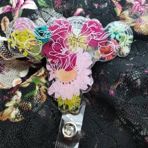 Retractable Nursing Badge Reel - pressed floral UTERUS with free flower Stethoscope charm OBGYN | Respiratory | Heart | Custom Badge Reel