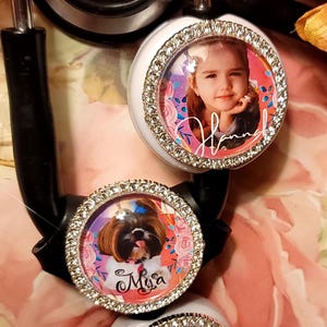 Dogs-Cats-Kids Rhinestone add Your Picture/Photo name-Stethoscope Badge or Yoke style--Vet Tech Medical- Nurse-*easy clean water resistant!