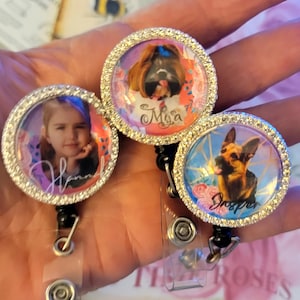 Dogs-Cats-Kids Rhinestone add Your Picture/Photo & name-BADGE REELS-Add Your NAME-Vet Tech Medical- Nurse *easy clean water resistant!
