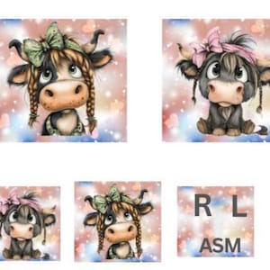 May include: A collection of digital illustrations featuring cartoon cows with large eyes and braided hair. Two cows wear green bows, and two wear pink bows. The background is a soft, blurred gradient with heart shapes. The letters RL and ASM appear.