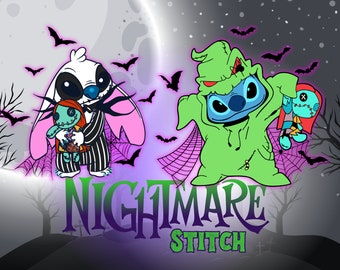 May include: Two Stitch characters dressed as Jack Skellington and Sally from the Nightmare Before Christmas. The Stitch character dressed as Jack Skellington is holding a doll dressed as Sally. The Stitch character dressed as Sally is holding a doll dressed as Jack Skellington. The background is a dark purple with a full moon and bats.
