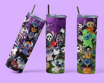 May include: Three stainless steel tumblers with a purple background and a Halloween themed design featuring Stitch characters dressed as various horror movie characters.