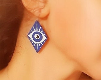 Evil eye hand painted earrings - blue evil eye rectangle earrings - special design 3d print jewelry - handmade & original