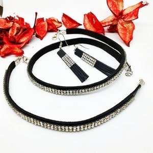 Elegant zircon and leather choker, earrings and bracelet set| Beautiful Sparkling Crystal Rhinestones and Leather Jewelry Set