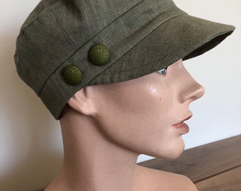 Chapeau d'été de style cadet en lin, 100 % lin, vert olive