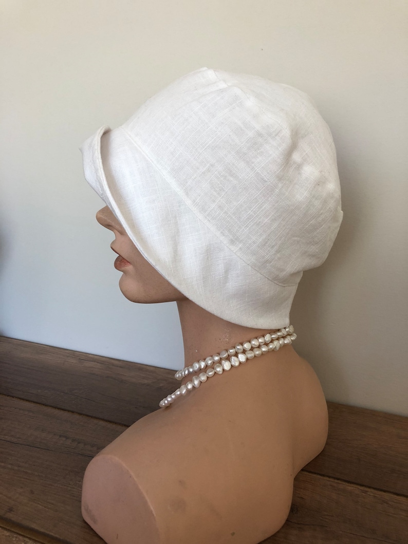 1920s inspired vintage look , 100 percent creamy white linen cloche hat image 4