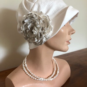 1920s inspired vintage look , 100 percent creamy white linen cloche hat image 1