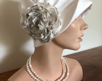 1920’s inspired vintage -look , 100 percent  creamy white linen cloche hat