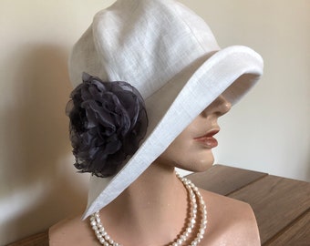 100 percent fine white linen angular brim occasion hat