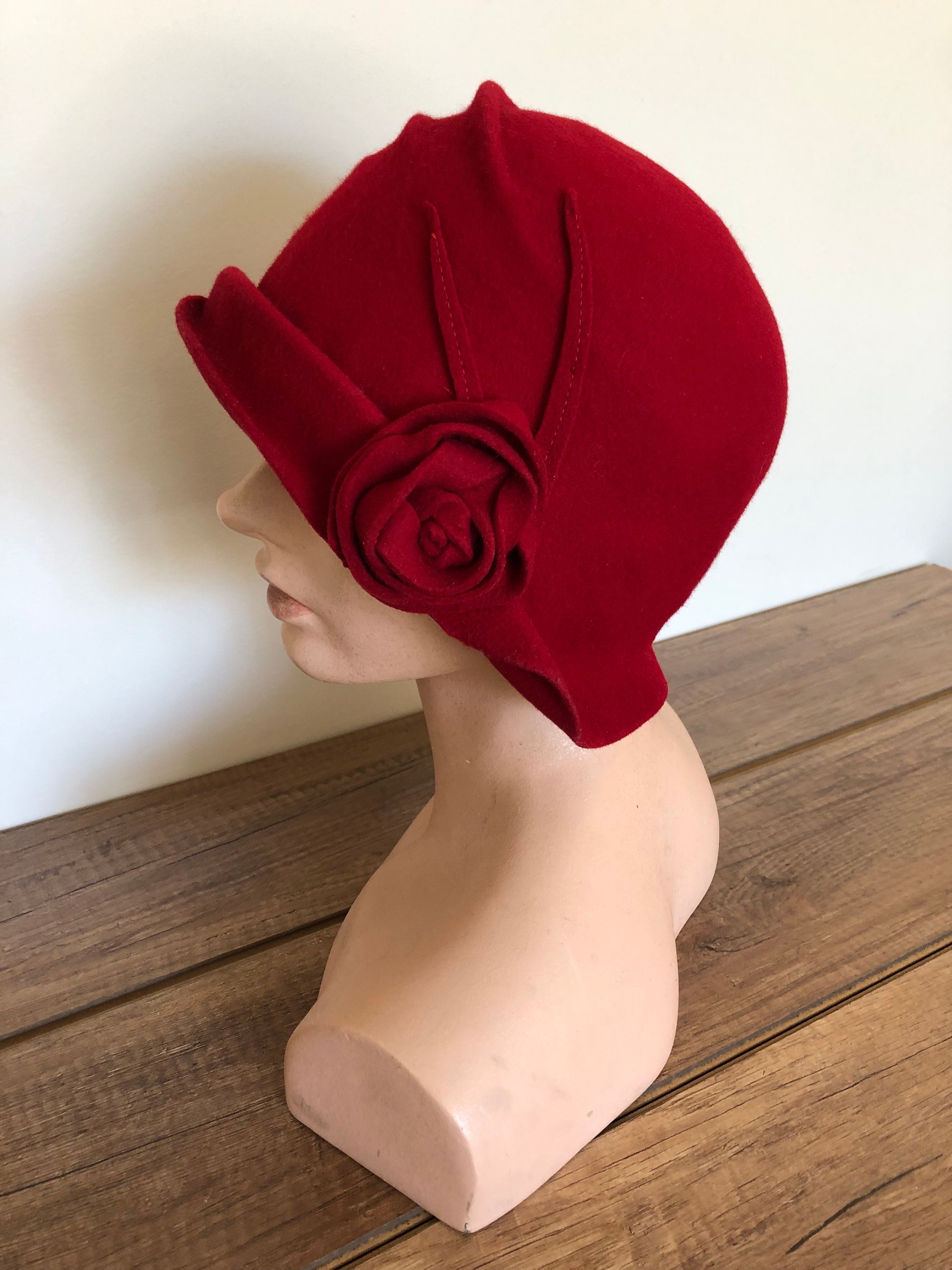 100 Percent Rich Wool Felt Sculpted Blocked Hat in Cherry 
