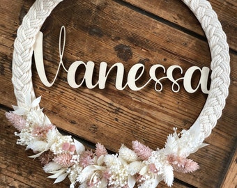 Holzring mit Name I personalisiertes Geschenk I Holzring mit Trockenblumen I Trockenblumenkranz l Geschenk zur Geburt