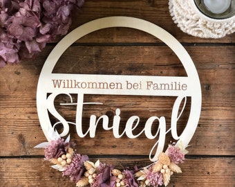 Holzring mit Trockenblumen l Trockenblumenkranz "Hortensie" l Familienschild mit Name l personalisierter Türkranz l Willkommens Kranz