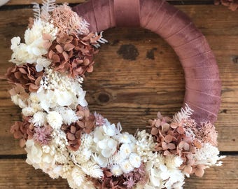 Türkranz "Hortensie" mit Holzschild l Türschild Herzlich Willkommen l Trockenblumenkranz creme-altrosa l Herbstlicher Kranz für die Türe l