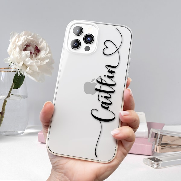 Clear Case for iPhone 15 Pro Max 14 Plus 13 12 mini 11 XS XR X 8 7 6s 6 SE Personalize Custom Name Side Heart Handwriting Cursive Script