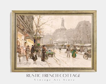 Paris Winter Painting Print | Vintage French City Scene Art | Digital Download Wall Decor | Parisian Heirloom Art | Cozy Living Room Art